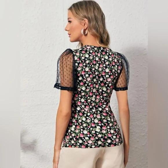 Swiss Dot Mesh Puff Sleeve Floral Top - Picture 2 of 5